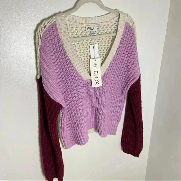 NWT Wildfox Color Me Beverly Crochet Color-Block Sweater White Purple Medium - Picture 5 of 7